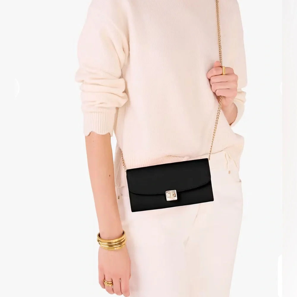 Kate Spade Phoebe Refined Grain Leather Turnlock Wallet On A Chain Black Gold